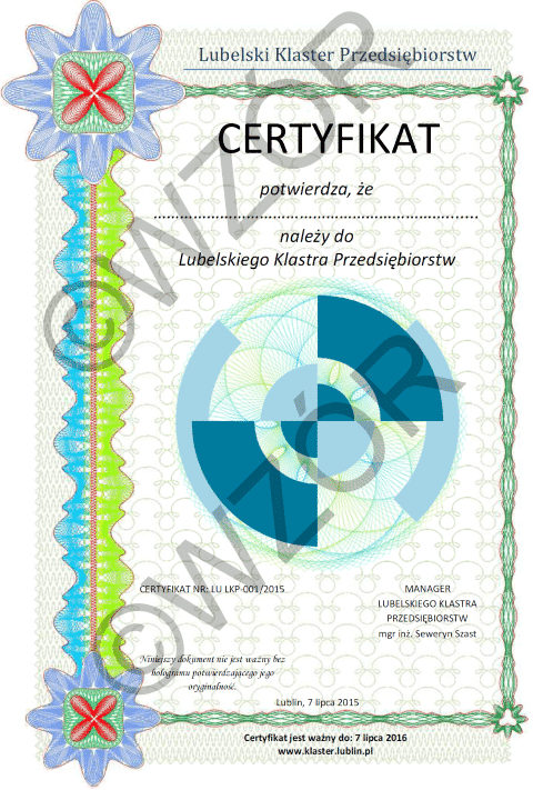 Certyfikat Lubelskiego Klastra Przedsiębiorstw